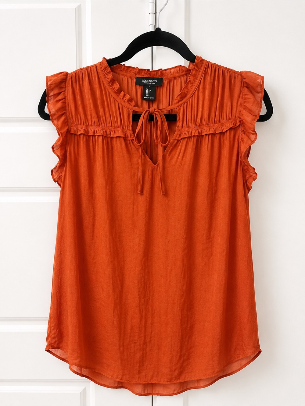 Jones New York Rust Orange Ruffle Tie Neck Blouse Small